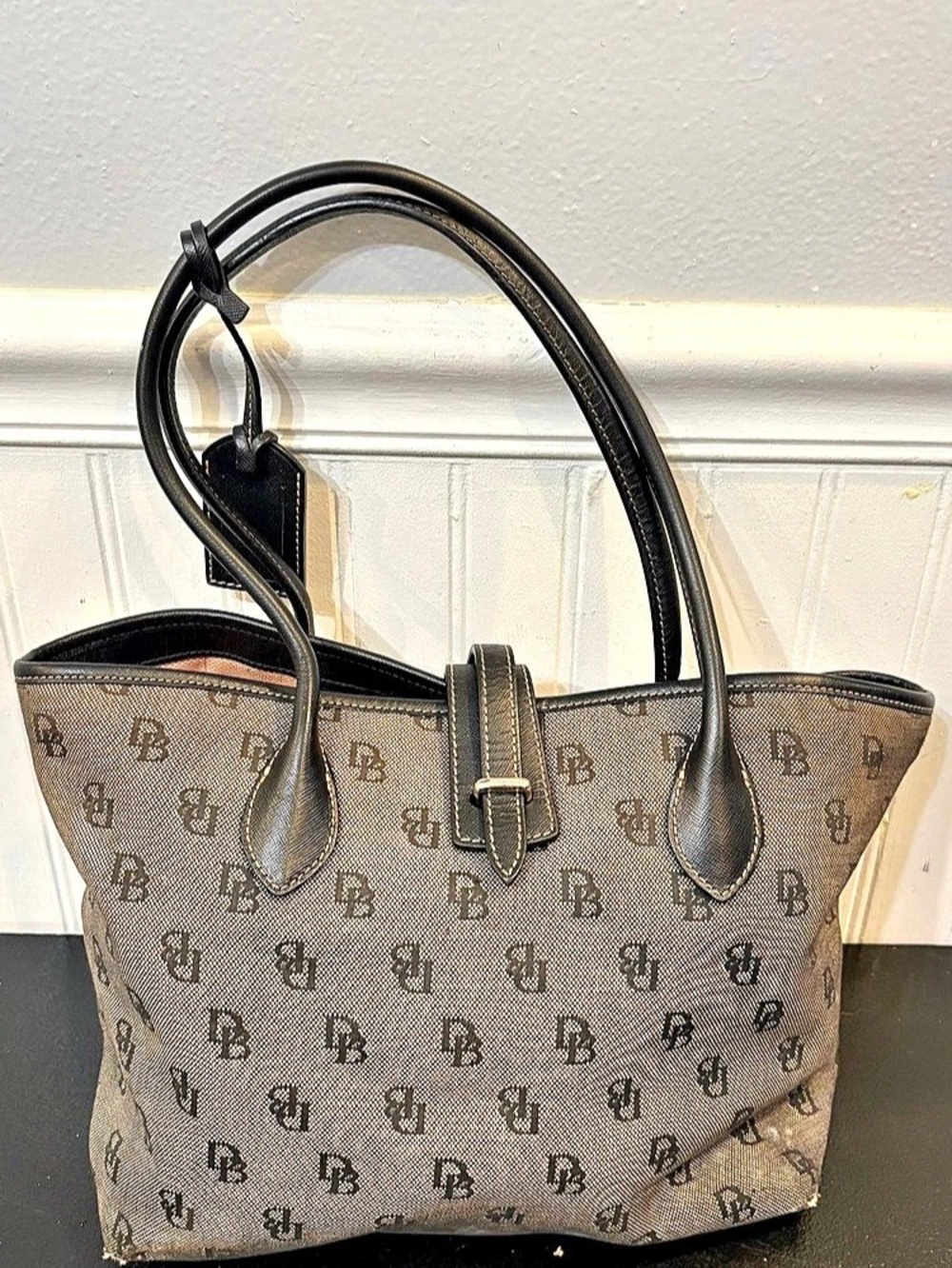 Dooney & Bourke Signature Jacquard Tote Bag black Leather Trim Pink Interior